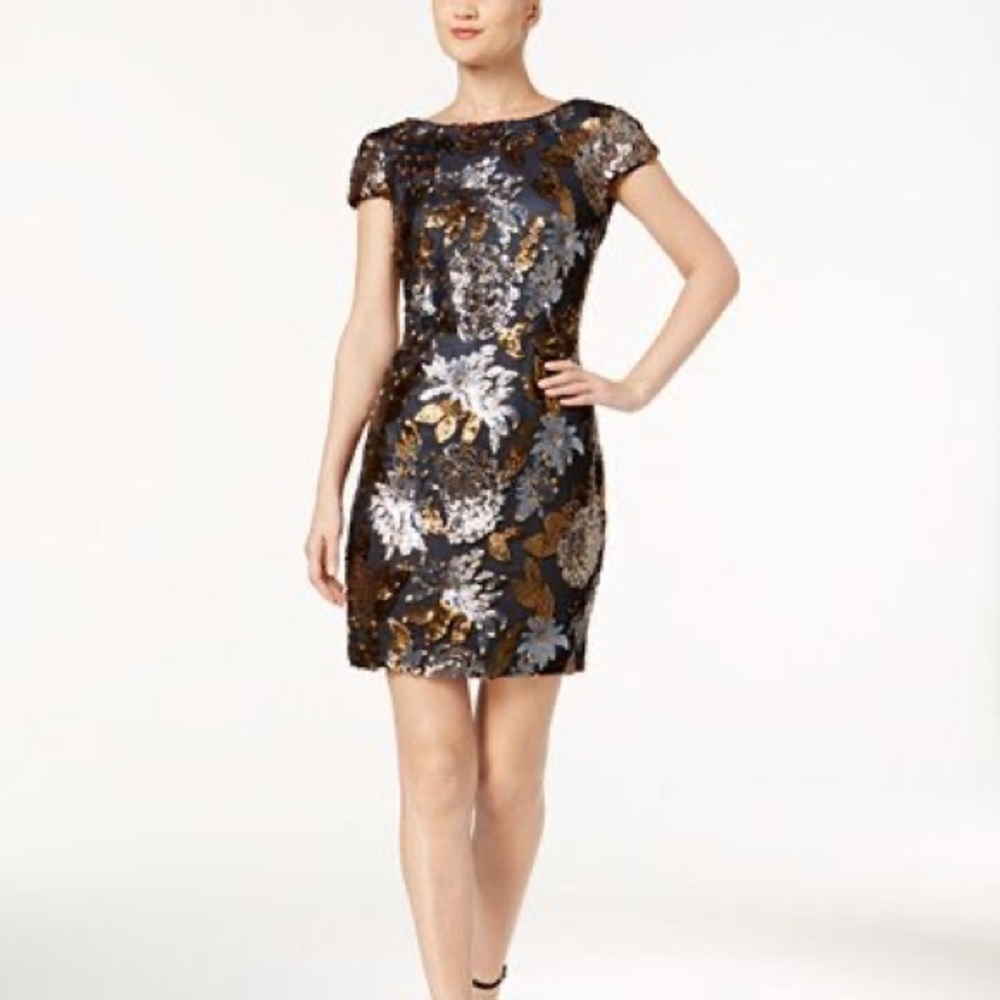 Calvin Klein Cowl Back Sequin Dress. Navy and Gold